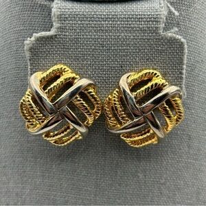 Vintage Gold Tone Knotted Square 3D Dimensional Quality Large Clip On Earrings